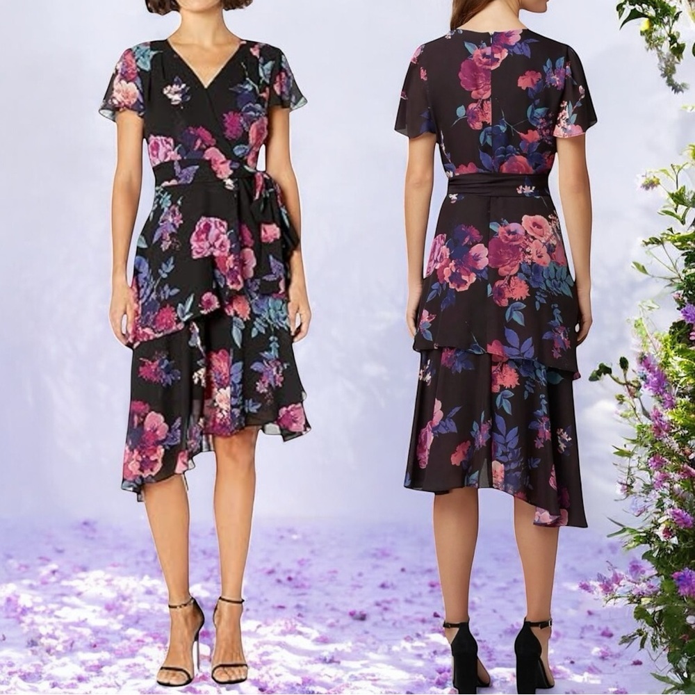 NEW Tahari ASL Tiered‎ Asymmetrical Floral Fairy Garden Ruffle Dress Size 10